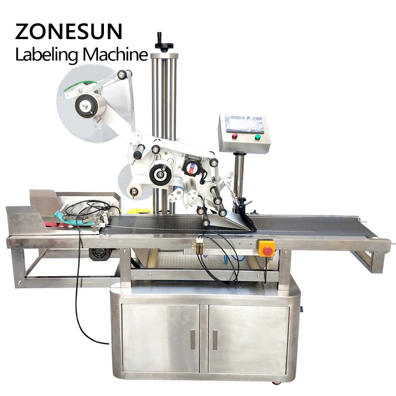 ZONESUN Tự Động Tốc Độ Cao Thẻ Cào Bề Mặt Phẳng Bình Túi Tự Động Ghi Nhãn Dán Máy Mỹ Phẩm Hộp Giấy