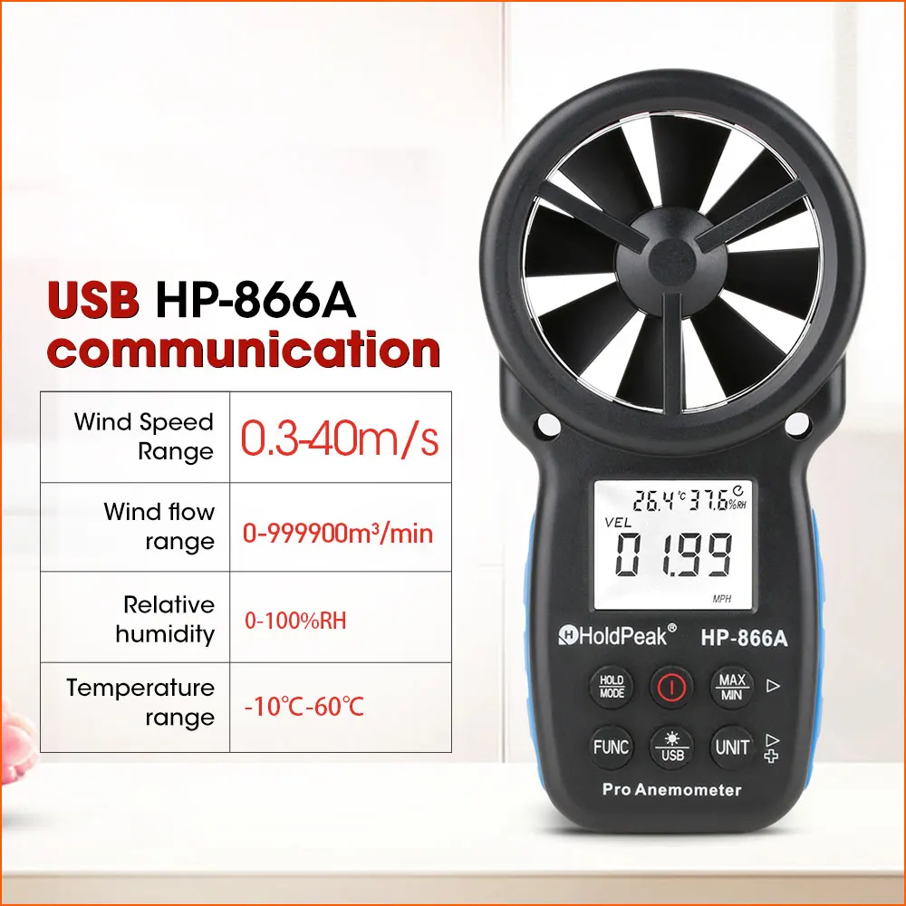 HoldPeak LCD Digital Anemometer Thermometer Wind Speed  Measurement Air Velocity Wind Sensor Handheld Anemometer