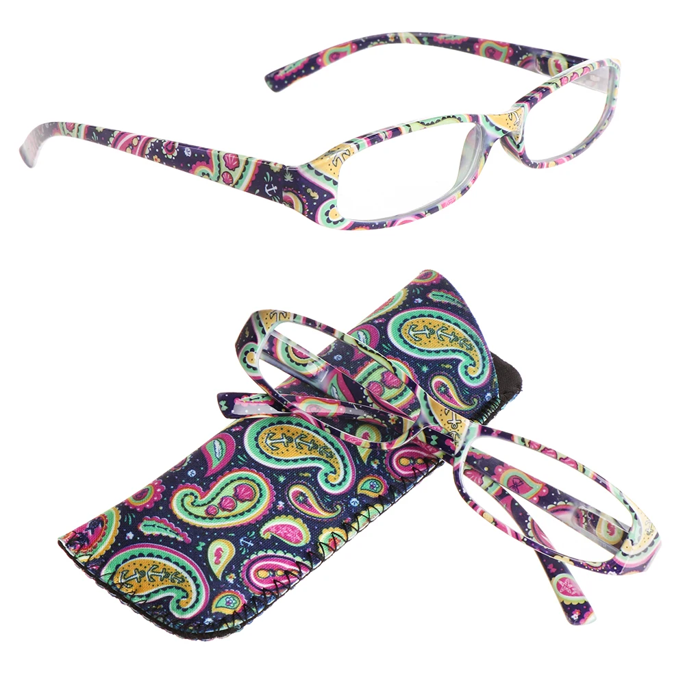 New Fashion Women Reading Glasses Matching Pouch Flower Print Resin Read Eyeglasses Magnifying Presbyopic Eyewear +1.0~+4.0