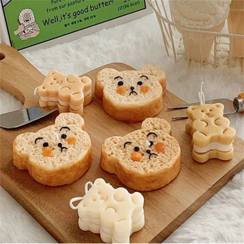 

3D Ins Style Cute Bear Bread Toast Silicone Candle Molds Cookie Sandwich Chocolate Fondant Mould Moule Bougie Glacon Cake Tools