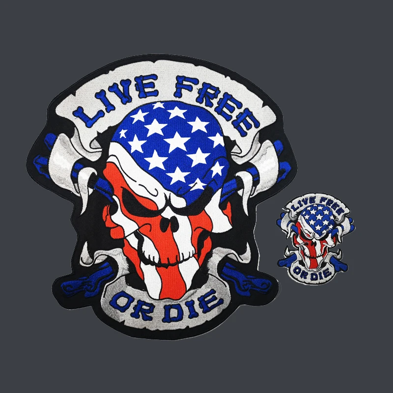 12 inches large Embroidery Patches USA Flag Stars Strips Skull LIVE FREE OR DIE for Jacket Back Vest Motorcycle Biker Sew on