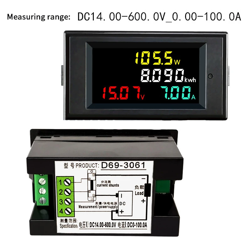 4 in 1 DC Voltmeter Ammeter Power Energy Meter DC 7.0-20.0V/DC 14.0-600.0 V 0.01-100A HD Color Screen 180 Degrees Flawless LED