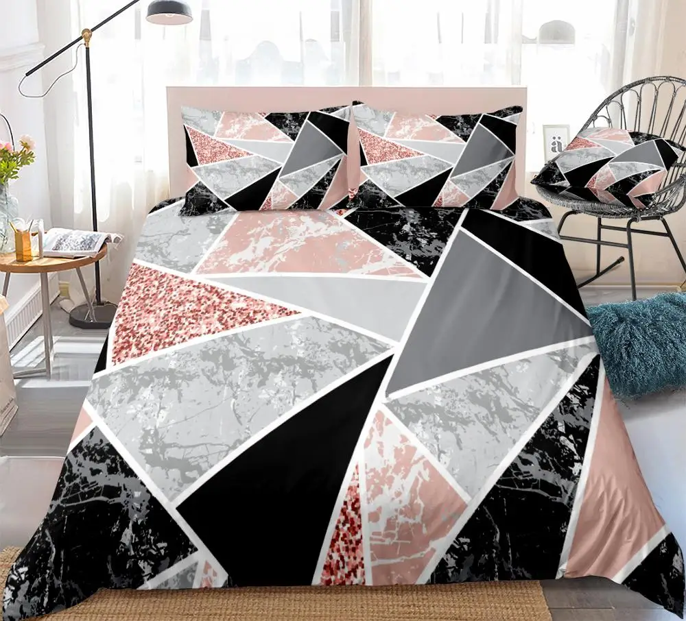 

Marble Duvet Cover Set Geometric Shapes and Pink Glitter Bedding Kids Boys Girls Pink Black Marble Quilt Cover Queen Dropship