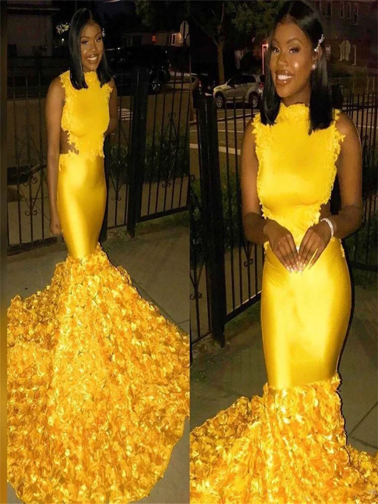 Yellow Custom Made Long Mermaid Evening Dresses With Handmade Flowers Sleeveless Satin Formal Party Gowns