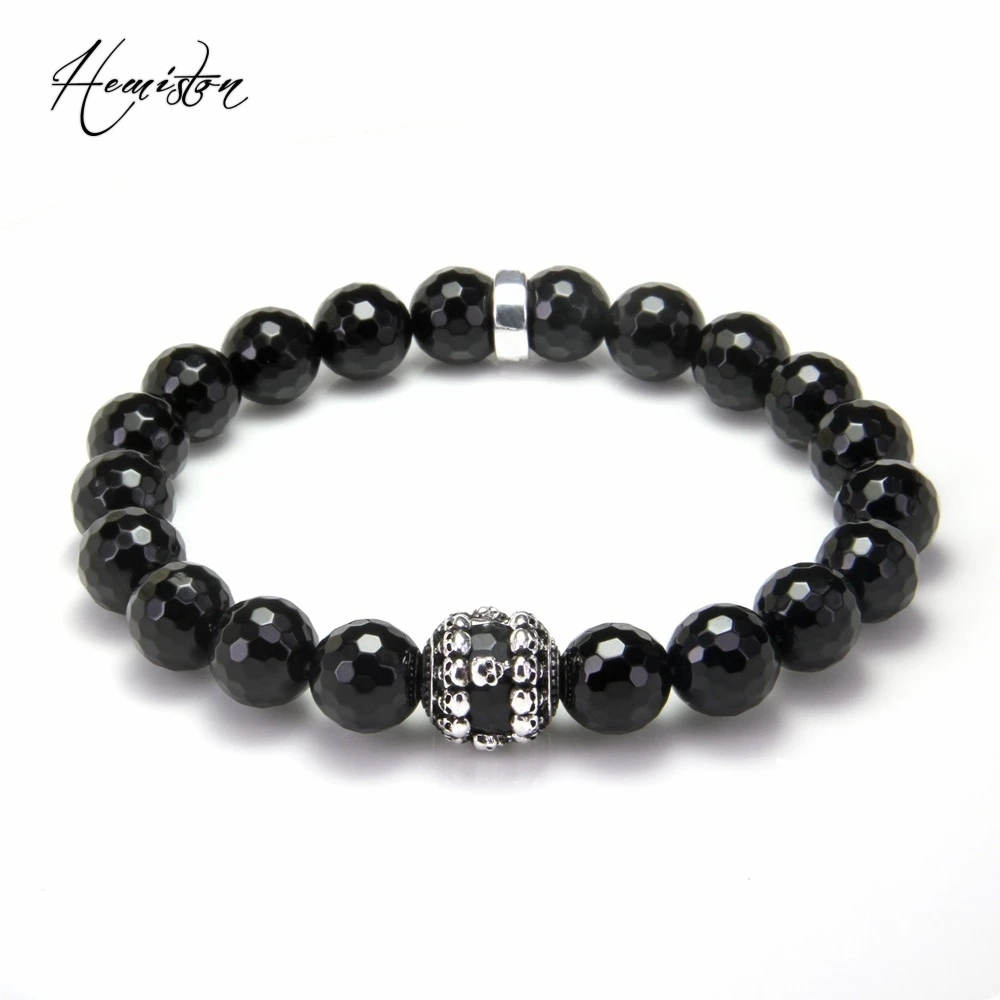 10MM TS Style BIG FACET BLACK OBSIDIAN BEAD AND SKULL BEADS BRACELET, Cool Rebel Heart Style Jewelry for Men Gift TS B266