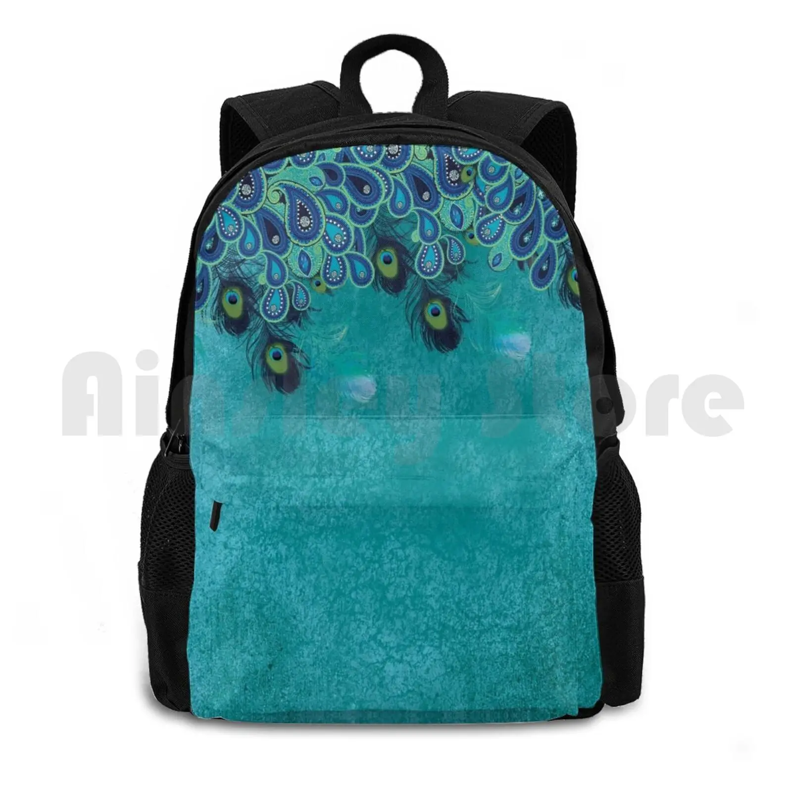 Teal Peacock , Paisley , Feather , Blue , Aqua Outdoor Hiking Backpack Riding Climbing Sports Bag Teal Peacock Paisley Feather