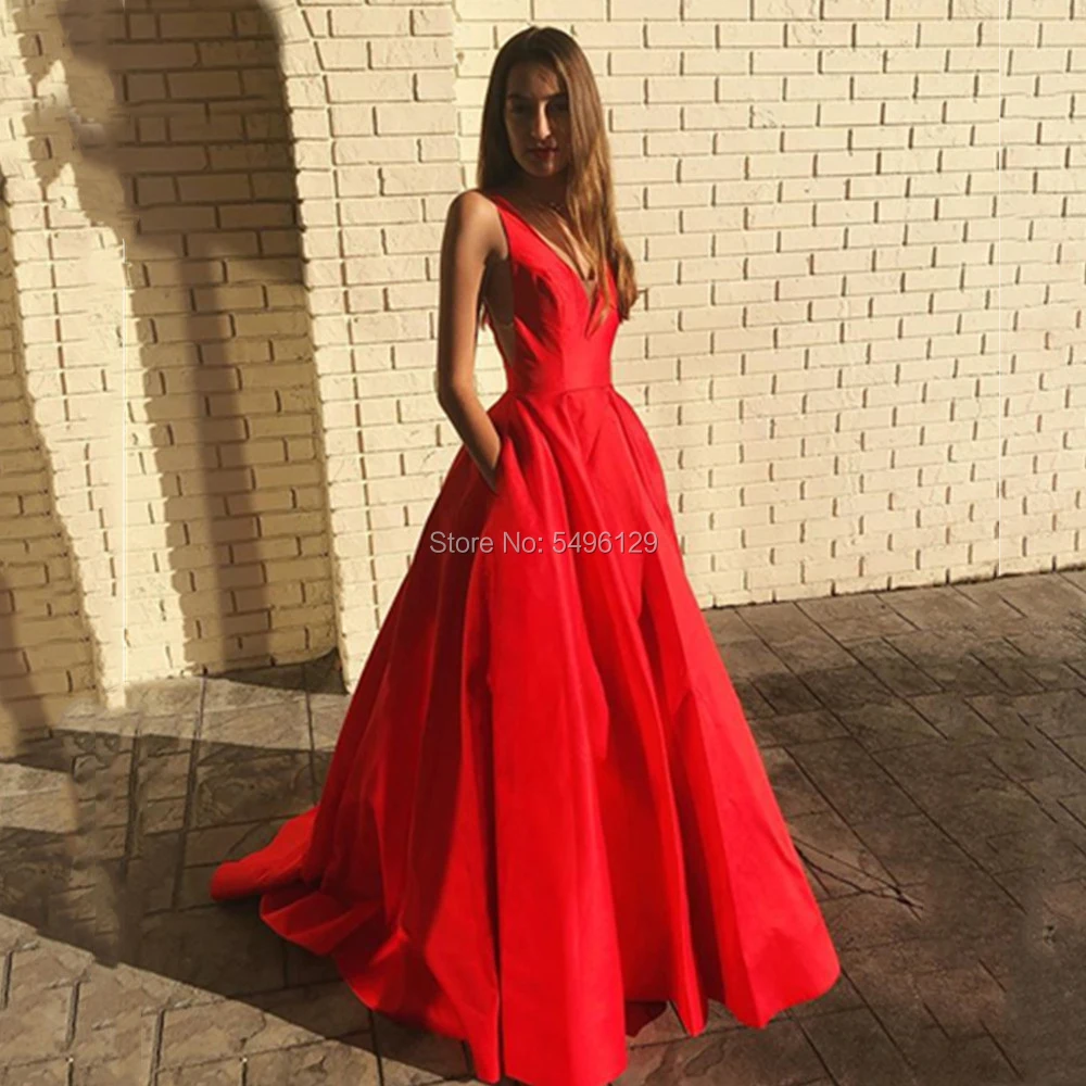 

Women Red Satin Prom Dresses with Pockets Deep V Neck A Line Simple Evening Prom Dress 2020 Floor Length Cheap Party Prom Gowns