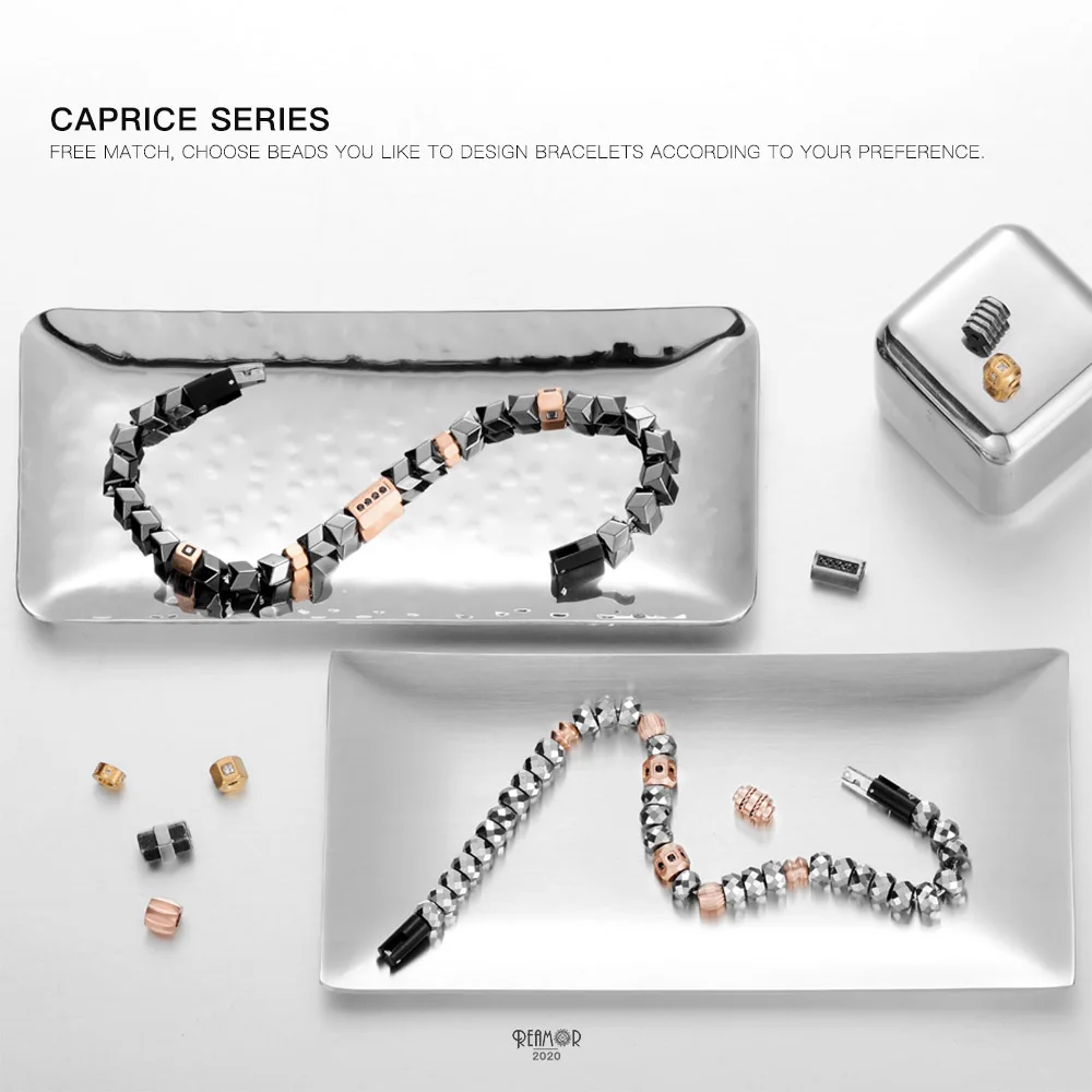 REAMOR 5 st Luxe Rvs Zwart Vergulde Zirkoon Spacer Kralen Charm fit DIY Kralen Armband Sieraden Maken Groothandel