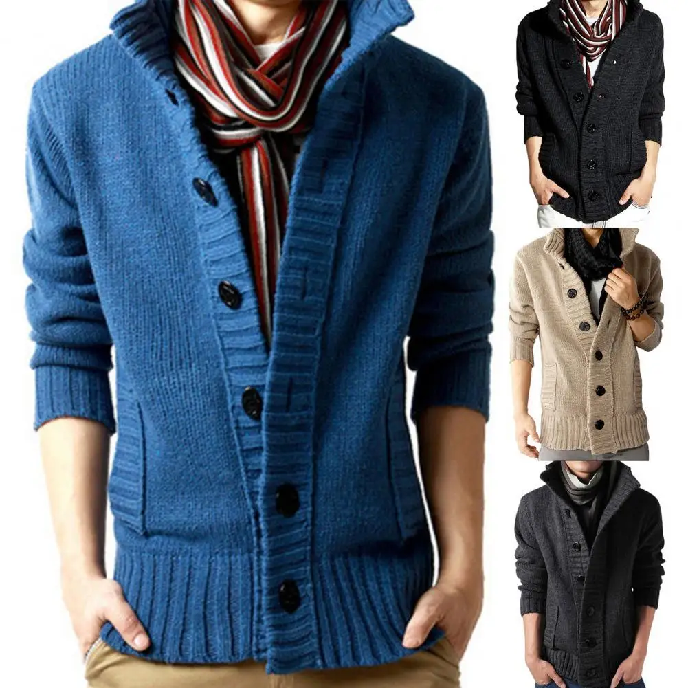 Men's Sweater Men's Cardigan Stitching Stand Collar Long Sleeve Side Pockets Buttons Closure Solid Color Sweater Coat Knitwear