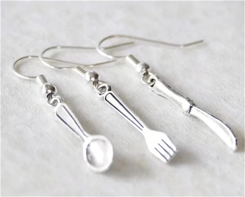 Foodie Gift Silver Color Utensil Earrings Kitchen Earring Chef Earrings Utensil Earrings 3 pcs Spoon Fork Knife Earrings