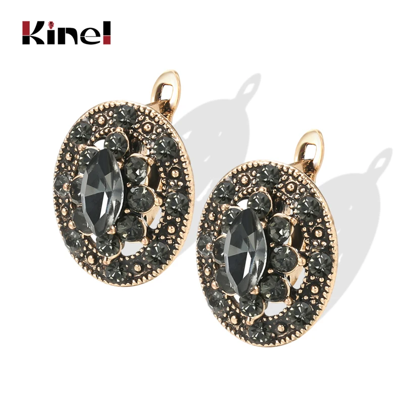 Kinel Charm Boho Women Stud Earrings Antique Gold Color Gray Crystal Ethnic Bridal Wedding Vintage Jewelry Russia Accessories