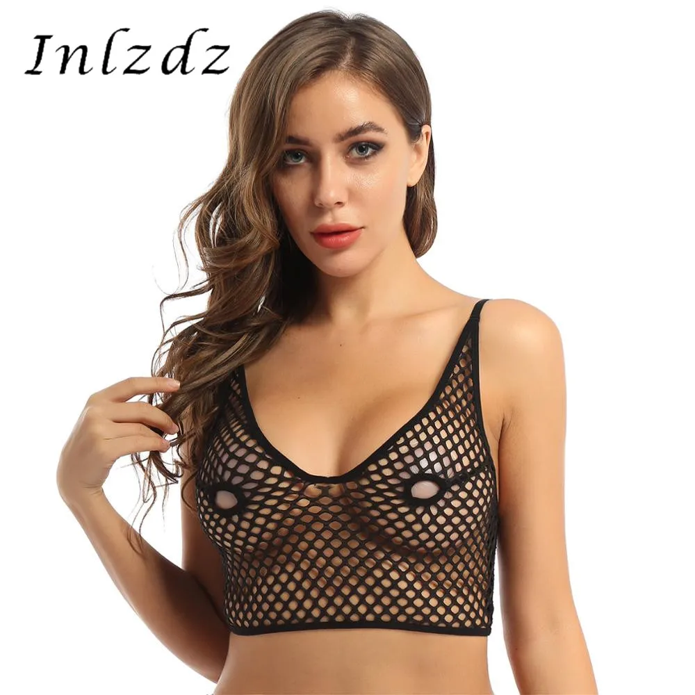 

Womens Sexy Lingerie Bra Top Erotic Hollow Out Netted Adjustable Spaghetti Shoulder Straps Nipples Hollow Out Longline Bra Tops