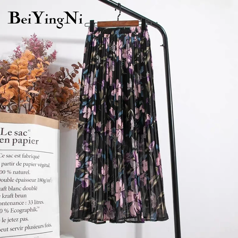 Beiyingni Summer Chiffon Beach Boho Maxi Women Skirt High Waist Floral Print Vintage Holiday Ruched Long Fashion Skirts Faldas