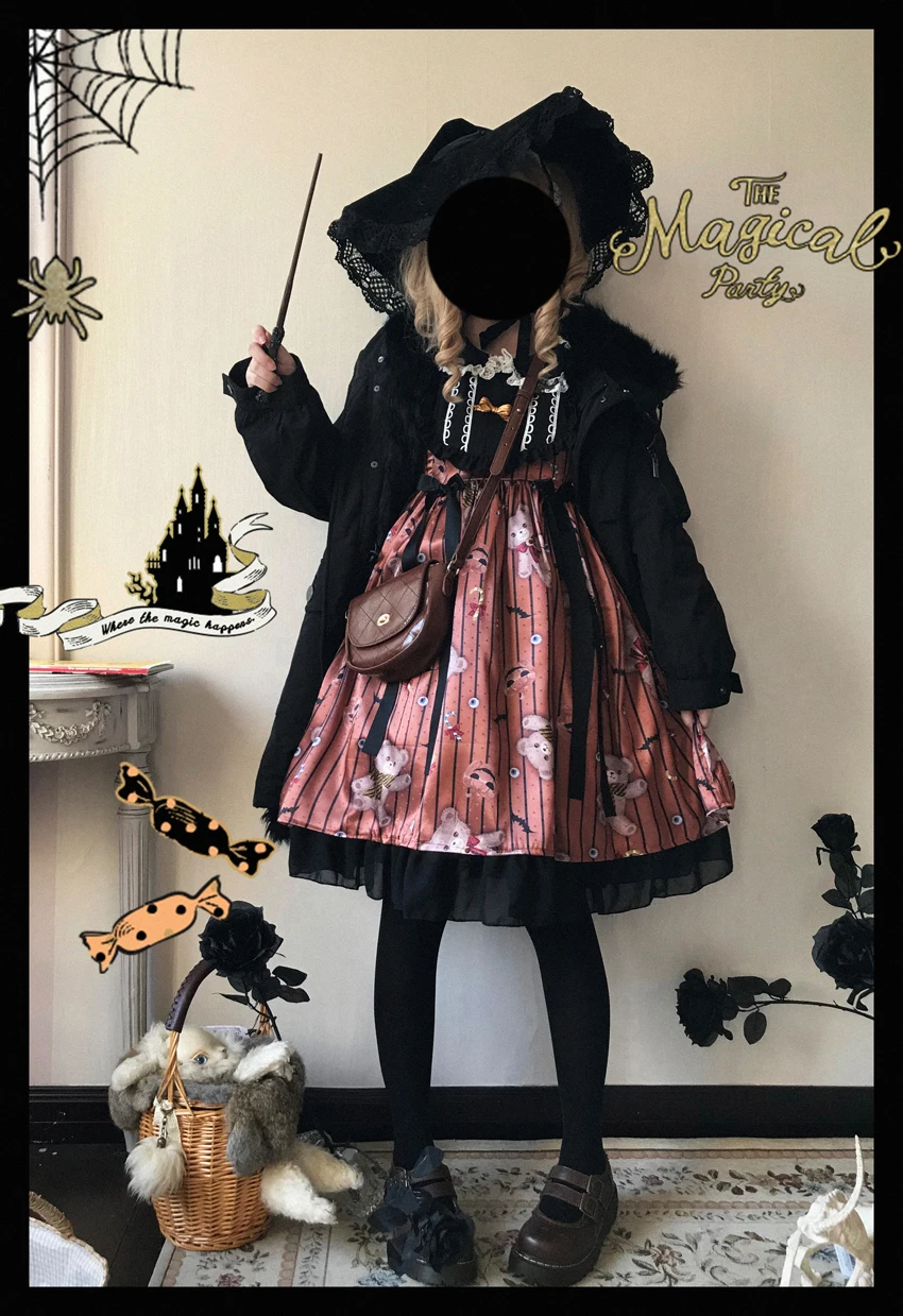 Vestido gótico de palacio para niña, vestido vintage de lolita, bruja de Halloween, estampado de cintura alta, Victoriano, kawaii, lolita gótica