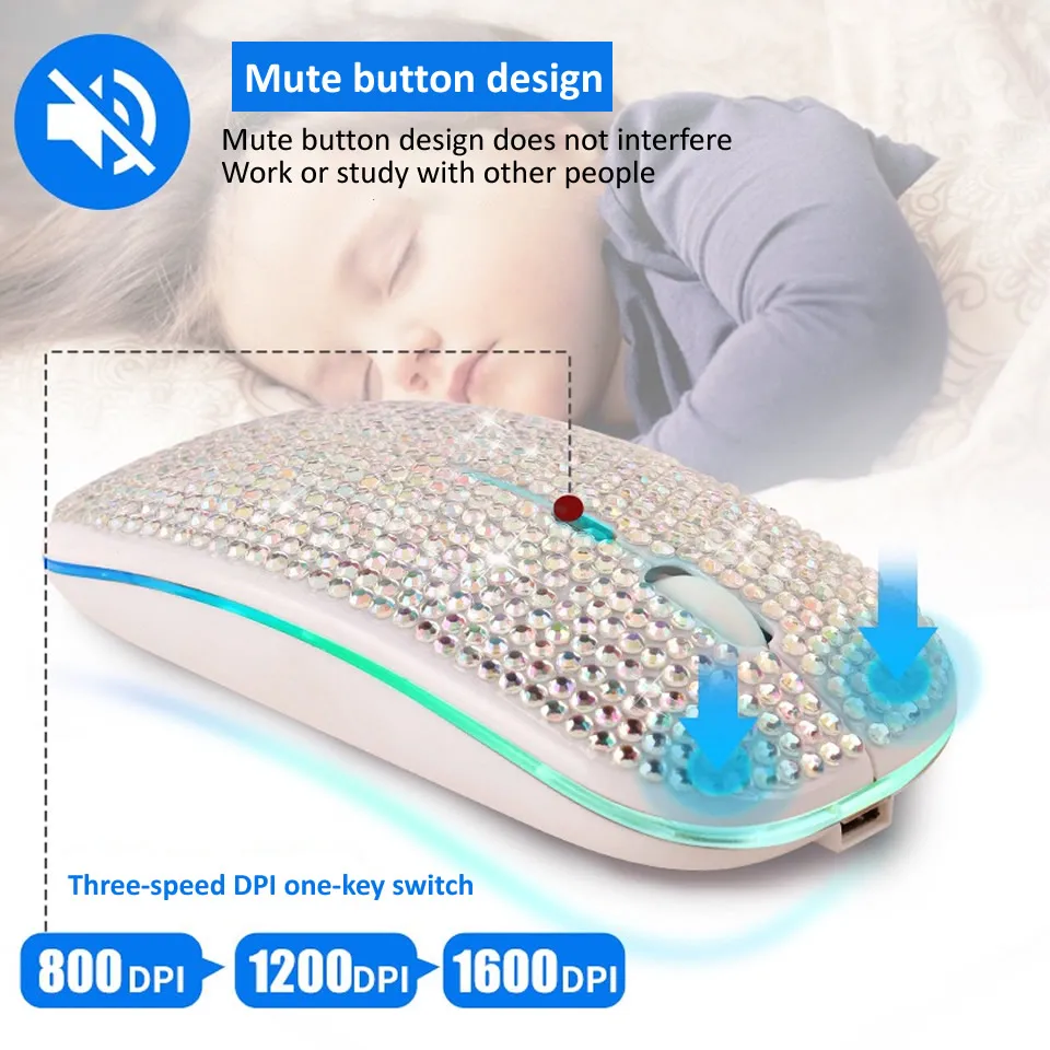 Wireless Mouse Bluetooth5.2 RGB Rechargeable Mouse Rhinestone Computer Silent Mause Backlit Ergonomic Gaming Mouse for Laptop PC