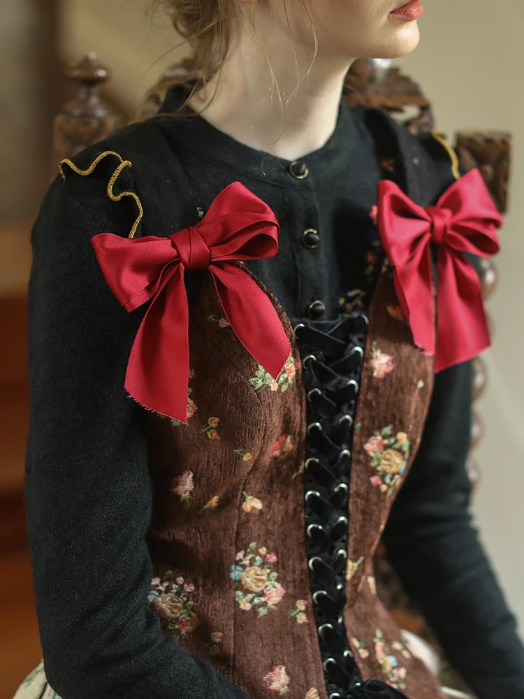 Women Jacket Fall Winter Vintage Elegant Slim Floral Coffee Vest Retro Court Style Rococo Lovely Style Cute Bow Lolita Vests