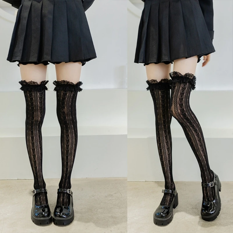 Vrouwen Lolita Visnet Dij Hoge Sokken Japanse Stijl Hart Gestreepte Kant Gevormde Over Knie Lange Kousen Verstoorde Stroken Kawaii