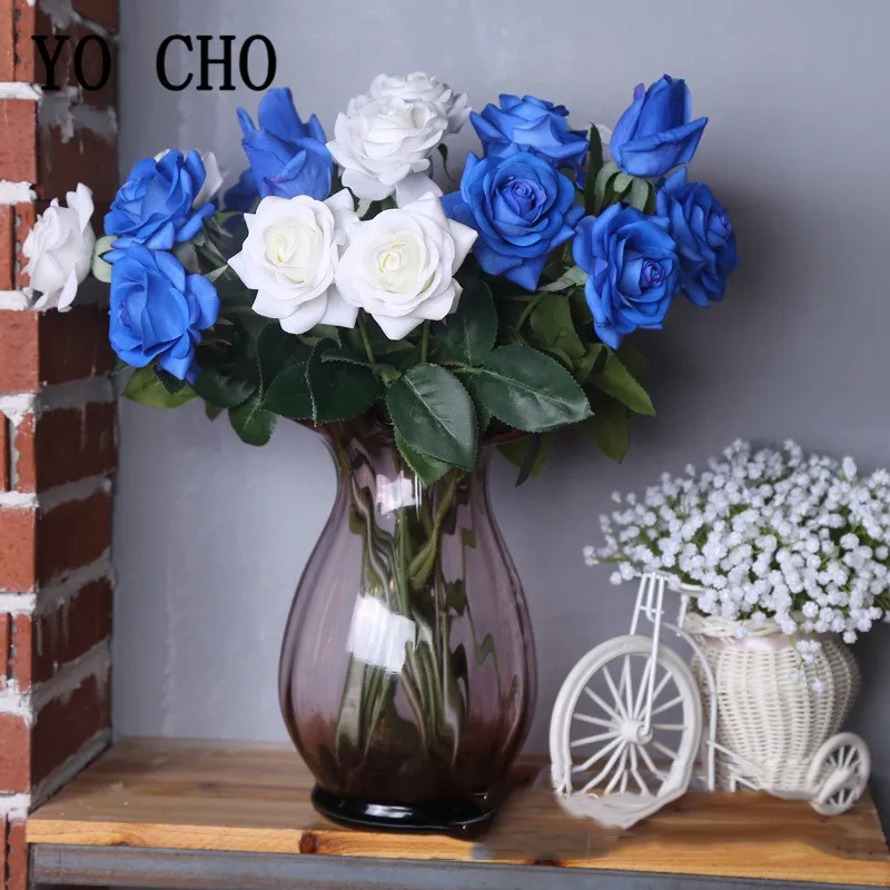 1Pc Fiori Artificiali Fiori Di Seta Fiore Della Rosa Ramo Falso Rose Blu Bianco Flore Per La Cerimonia Nuziale Casa Scrivania Vaso Di Fiori Di Seta Decorativi Fiore