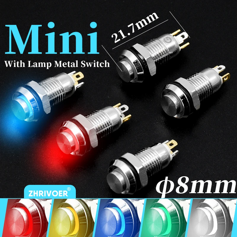 8mm Waterproof Metal Push Button Switch LED Light Self-locking/Latching Self-reset/Momentary 3V 6V 12V 24V 36V 48V 110V 220V