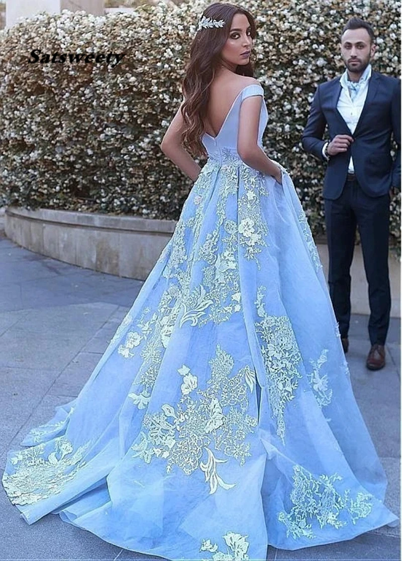 Vestido de baile con hombros descubiertos para quinceañera, traje Formal con apliques de encaje, color azul, 2024