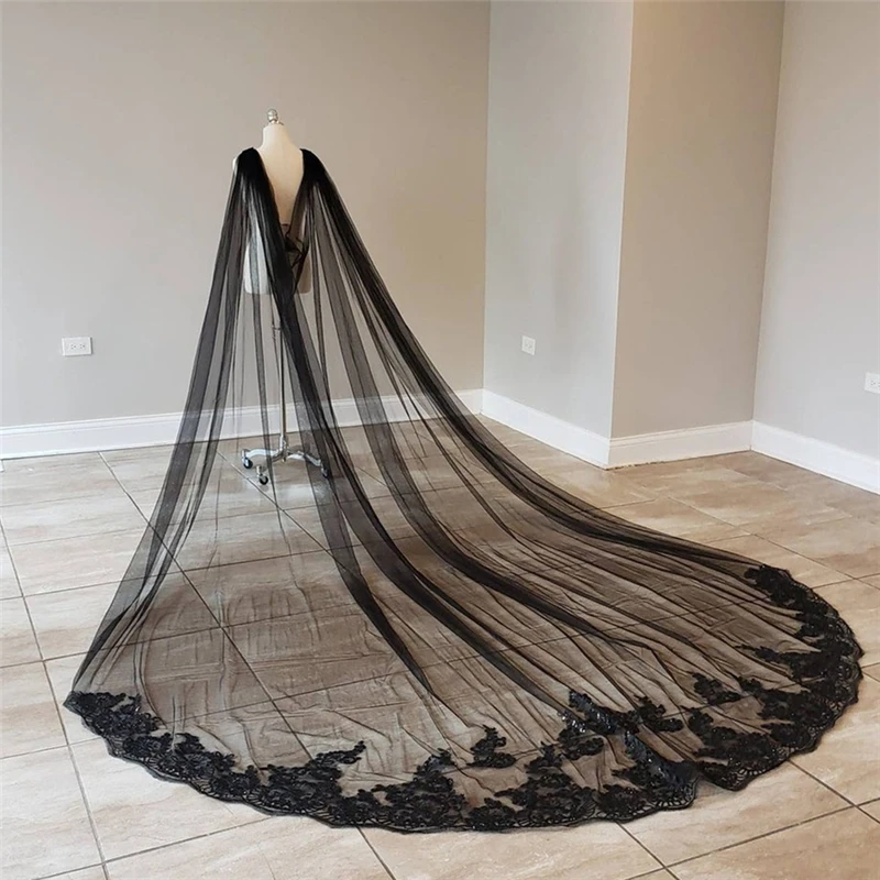 Real Photos Black Bridal Cape Veils Sequins Lace Tulle Wedding Shoulder Boleros Accessories Cathedral Veils for Bride 3 5 Metres