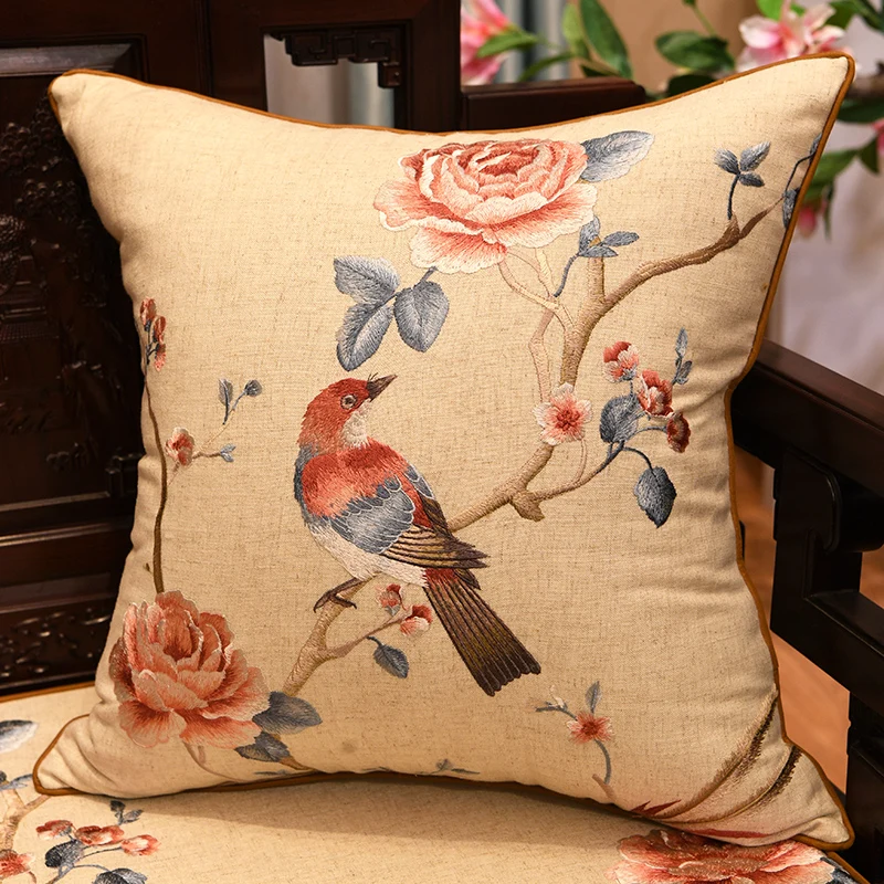 Chinese flower bird embroidered cushion cover cotton linen pillow cover sofa lumbar pillowcase 60x60cm