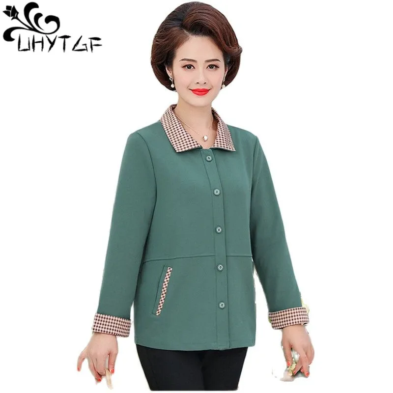 UHYTGF Young Mother Spring Autumn Jacket Long Sleeve Stitching Short 5XL Loose Size Coat Female Elegant Women Tops Outewear 2222