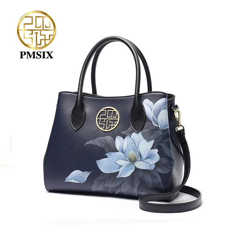 PMSIX  Fashion Flower Printing Cow Leather Women Handbag High Capacity Ladies Shoulder Bag Brand Elegant Female Totes 2021