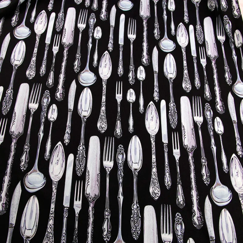 Cutlery Print Knives and Forks Spoons Black Stretch Polyester Cady Linen Fabric for Woman Summer Dresses Skirts Shirts DIY