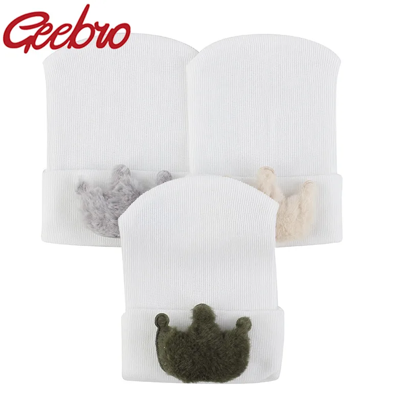 Geebro Children's Cartoon Plush Crown Beanies Baby Boy Girl Cptton Fetal Hats Kids Soft Solid Color Caps Toddler Outdoor Bonnet