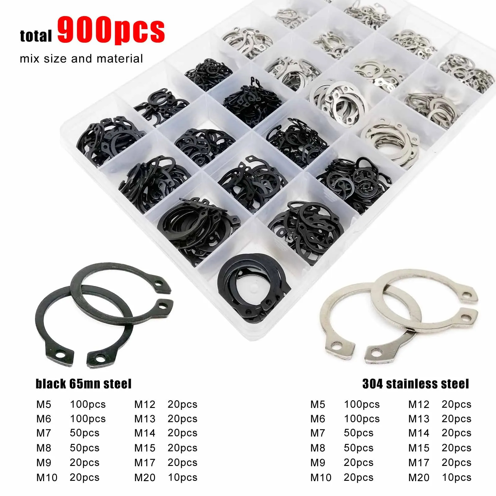 900 stücke Sortiment Kit Set 5-20mm gb894 Edelstahl schwarz 65mn Wellen lager Halte clip Spreng ring