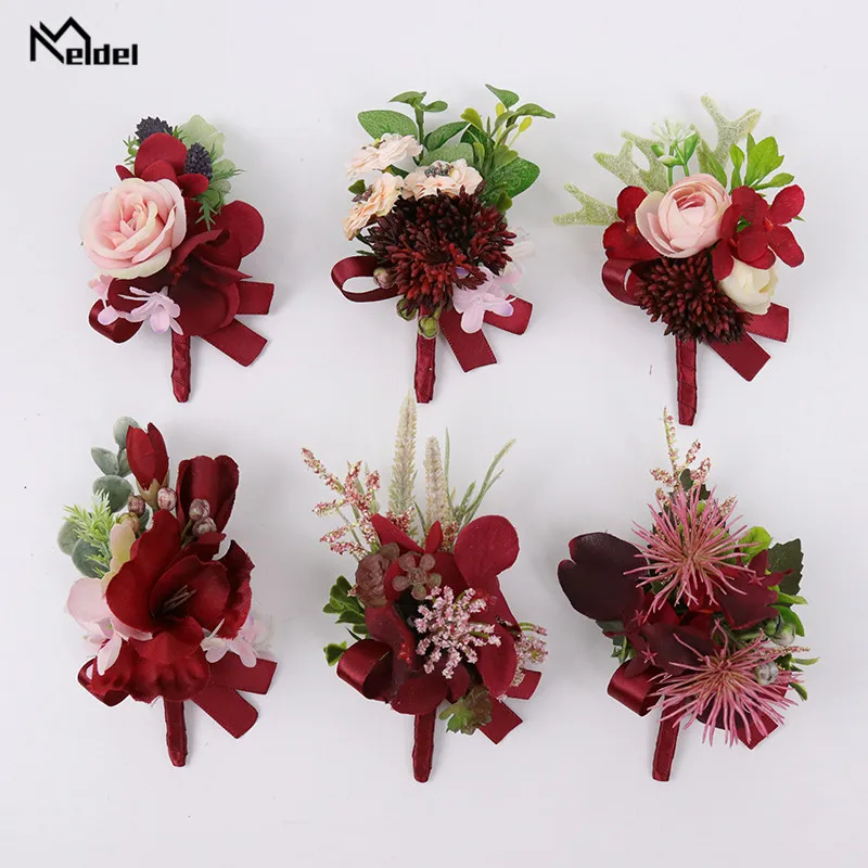 Meldel Rote Blume Boutonnieres für Groomsmen Brautjungfer Handgelenk Korsagen Blume Hochzeit Bräutigam Bouton Red Silk Rose Knopfloch