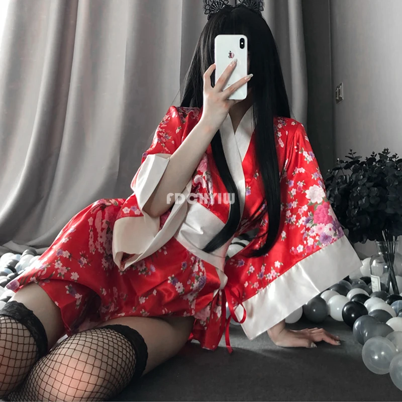 Sexy Sakura Kimono Lovely Japanese Uniform Robe Floral Bathrobe Short Kimono Robe Night Bathrobe Gown for Women Night Dress