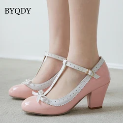 BYQDY donna Mary Jane scarpe Lolita tacchi alti fiocco t-strap pompe da sposa tacchi spessi scarpe da sposa principessa calzature Plus Size 48