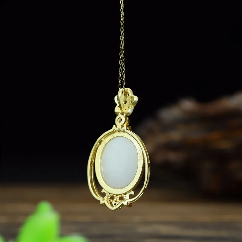 Hot Selling Natural Hand-carve 925 Silver Ancient Gold Hetian Jade  Necklace Pendant Fashion Jewelry Men Women Luck Gifts1