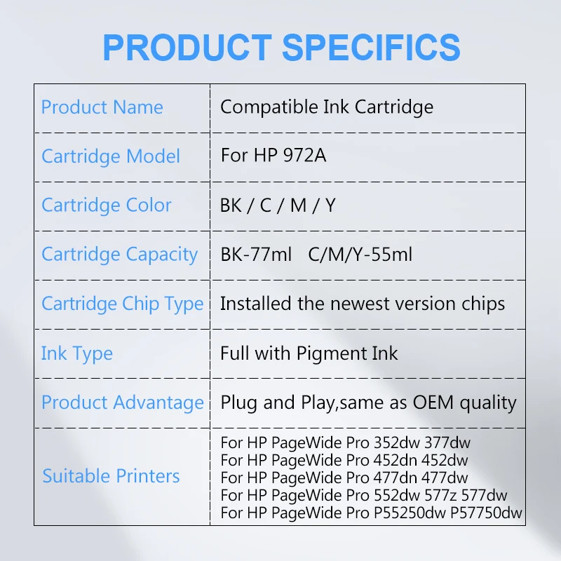 Untuk HP 972 972A kartrid tinta kompatibel dengan tinta pigmen 352dw 377dw 452dn 452dw 477dn 47dw 552dw 577dw [merek pihak ketiga]