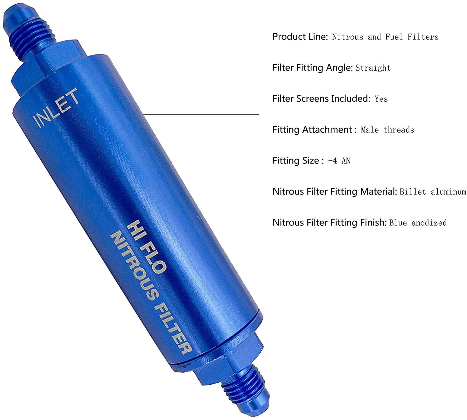 Nitrous and Fuel Filters Anodized Billet Aluminum 15552N-O-S Nit140 Micron (-4AN) Blue