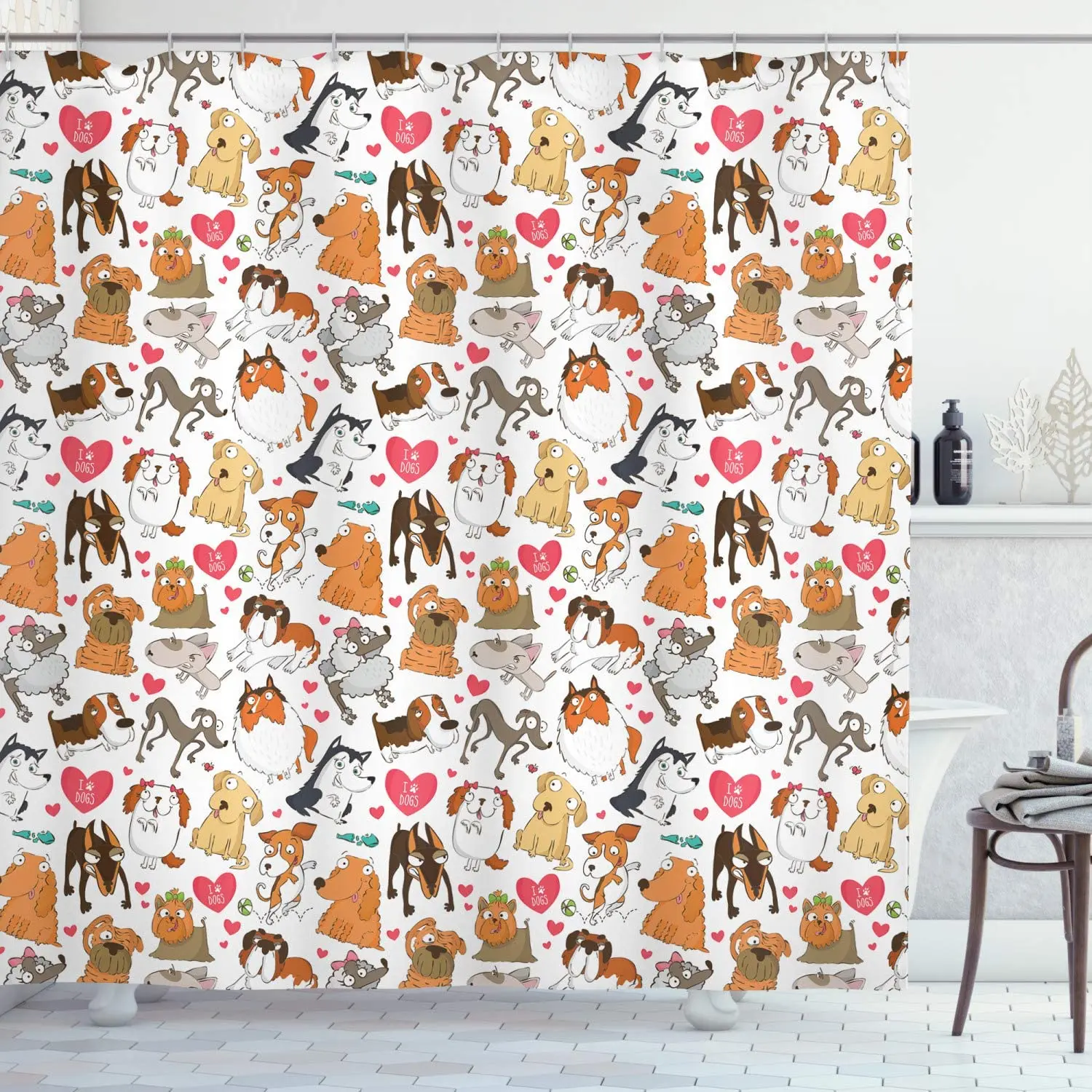 

Multicolor Dog Lover Shower Curtain Cartoon Canines Bullterrier Doberman Husky Spaniel Love Theme Funny Characters