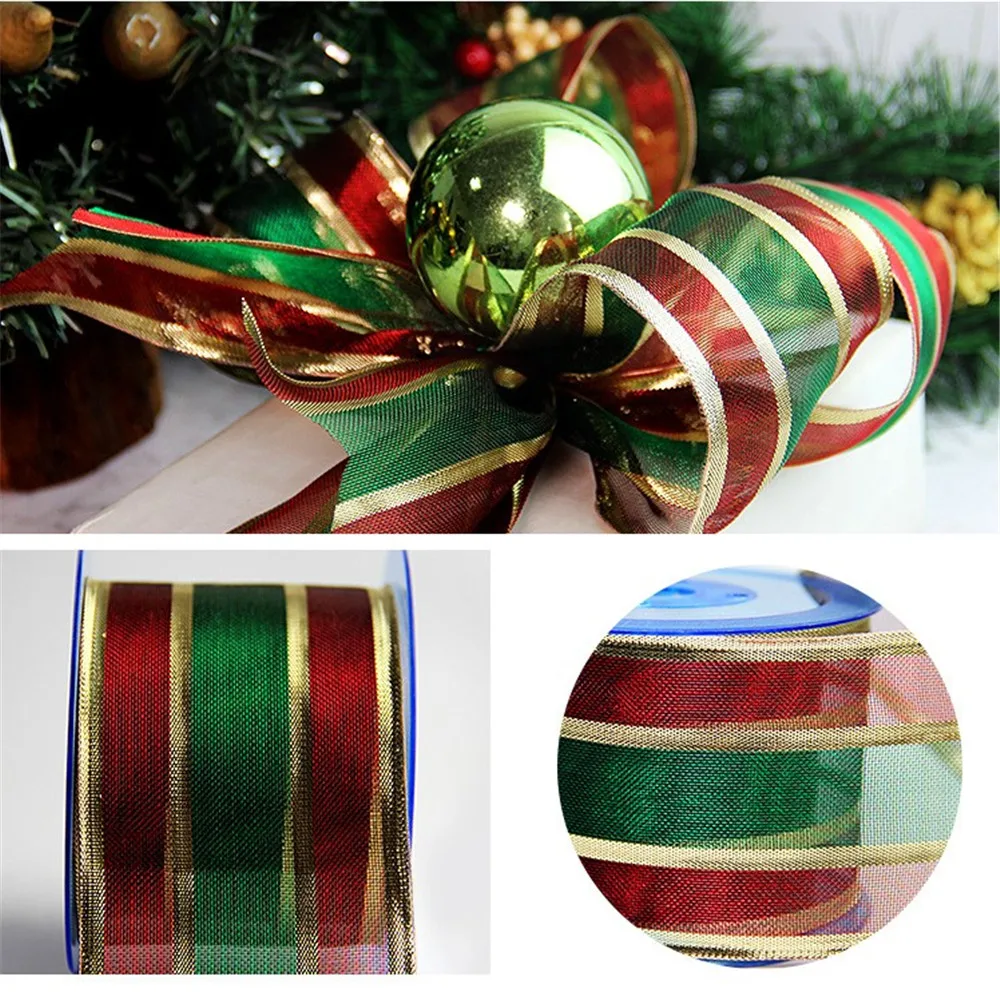 63MM X 25 Yards Red and Green Organza Stripes WIth Gold  Wire Edge Ribbon for Birthday Decoration Gift Wrapping 2-1/2\