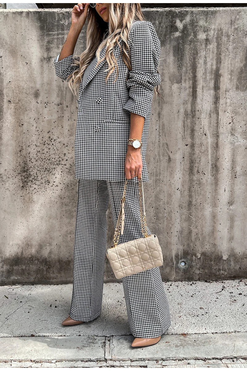 Classic Plaid Women Suits Pocket Custom Made Check Blazer 2 Pieces Set (Jacket+Pants) Fashion Streetwear Daily Coat