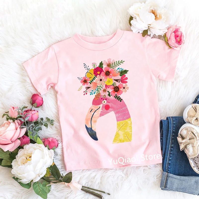 Cute baby girls t shirt pink tshirt floral horse/Teddy/flamigo/rabbit/bear animal print harajuku kawaii summer kids clothing top