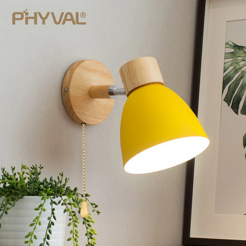 Wooden Nordic Wall Lamp With Switch Modern Wall Sconce For Bedroom Living Room Home Lighting Macaroon 6 Color Steering Head E27