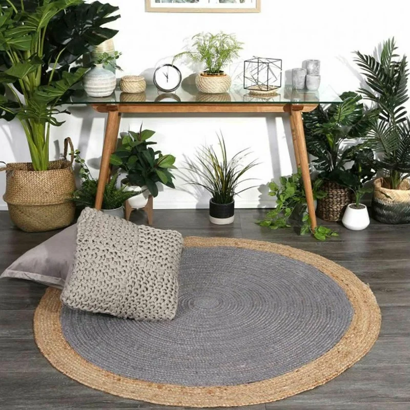 Rug Jute Grey Beige Border Round 100% Handmade 6x6 Feet Decor Modern Style Rug