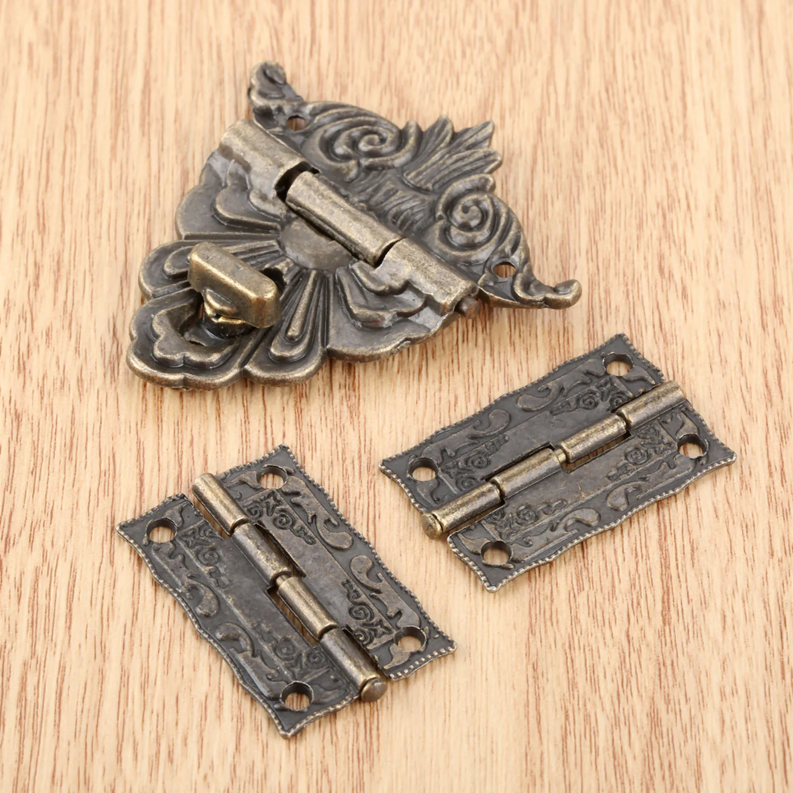 3pcs/set  Antique Bronze Jewelry Wooden Box Toggle Hasp Latch Clasp with Cabinet Hinges with Screws Vintage Furniture Hardware