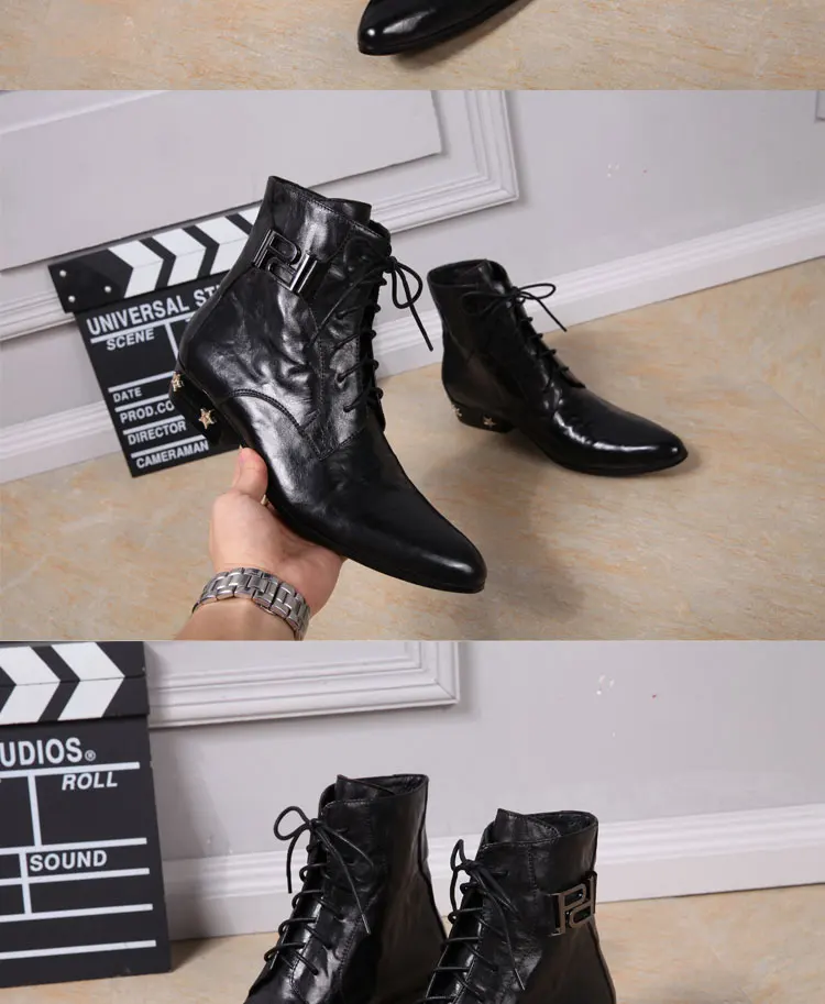 Herren-Chelsea-Stiefel aus echtem, glänzendem Leder, spitzer Zehenbereich, mit Nieten verziert, Schnürstiefel, luxuriöse Mode für Herbst, Bankette und Partys – Detail 7