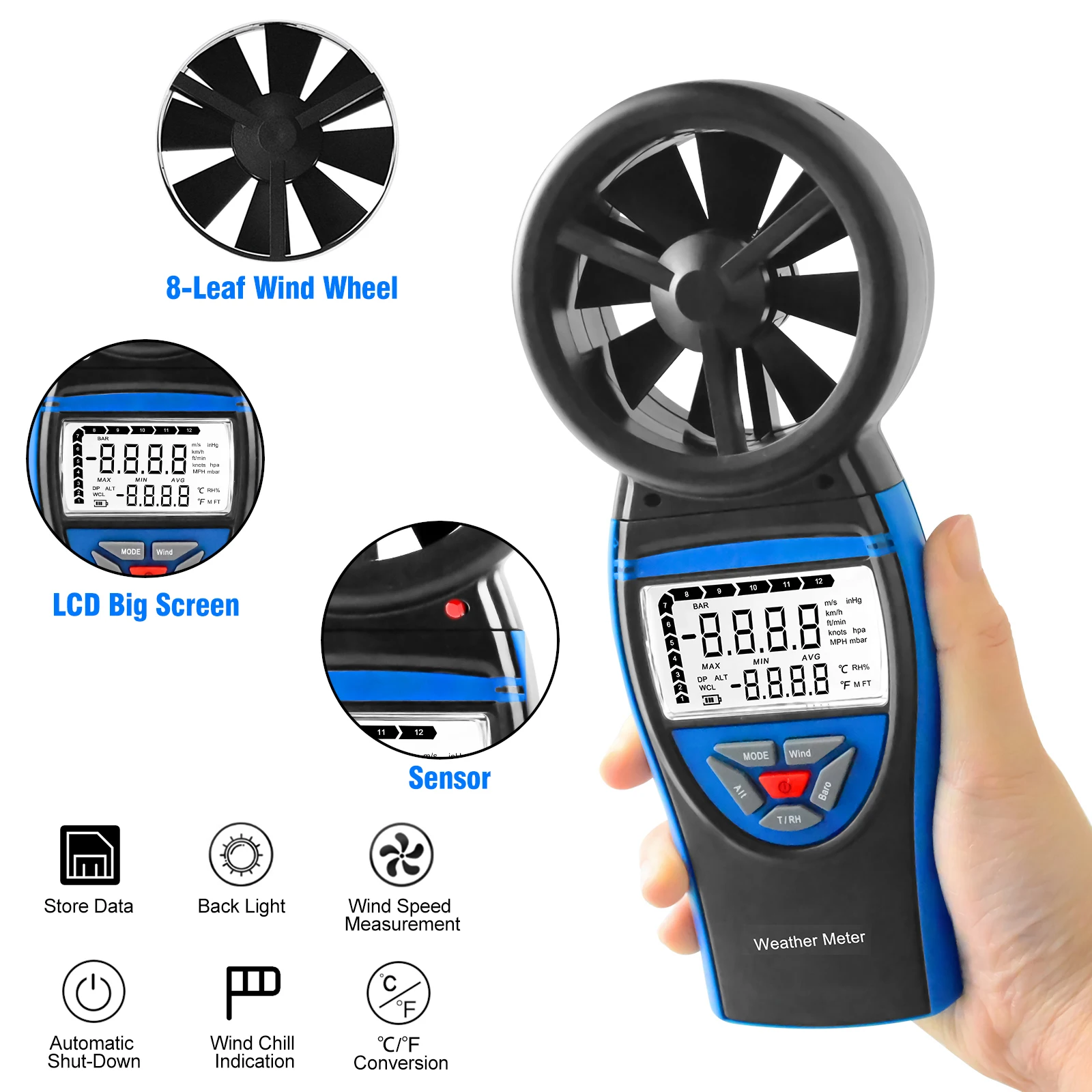 Digital Anemometer Wind Speed Gauge Meter Barometer Air Flow Velocity Measuring Altitude,Barometric Pressure for HVAC CFM Drone
