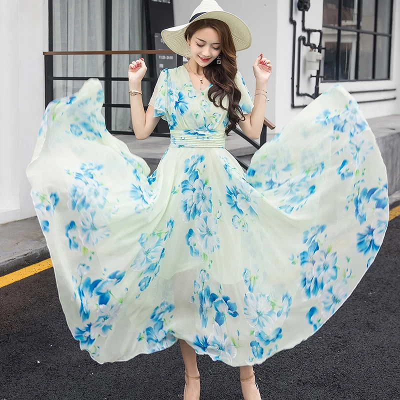 Size Chiffon Long Plus 2023 Vestido Longo Boho Beach Dress Women White Floral Dresses V Neck Robe Femme KJ001