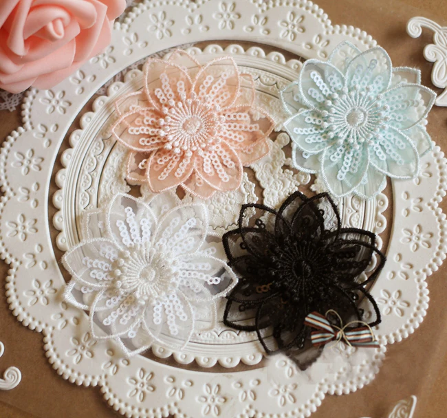 

Flower Lace Applique 10pcs Off-white Black Organza Embroidery Floral Patches for Dress Sweater Clothes 6.5cm 2.6" Wide L14F29