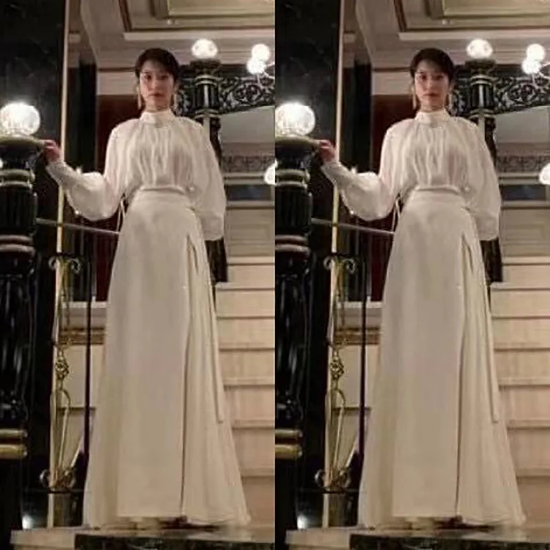 Kpop IU Lee Ji Eun Party Temperament White Stand Collar Long Sleeve Shirt + Elegant High Waist Long Skirts Two Piece Set Women