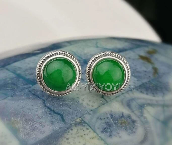 Vintage 925 Silver 10mm Green Jade Round Beads Stud Earring Charming Lucky Ear Stud Earrings for Woman Fashion Gift  Jewelry